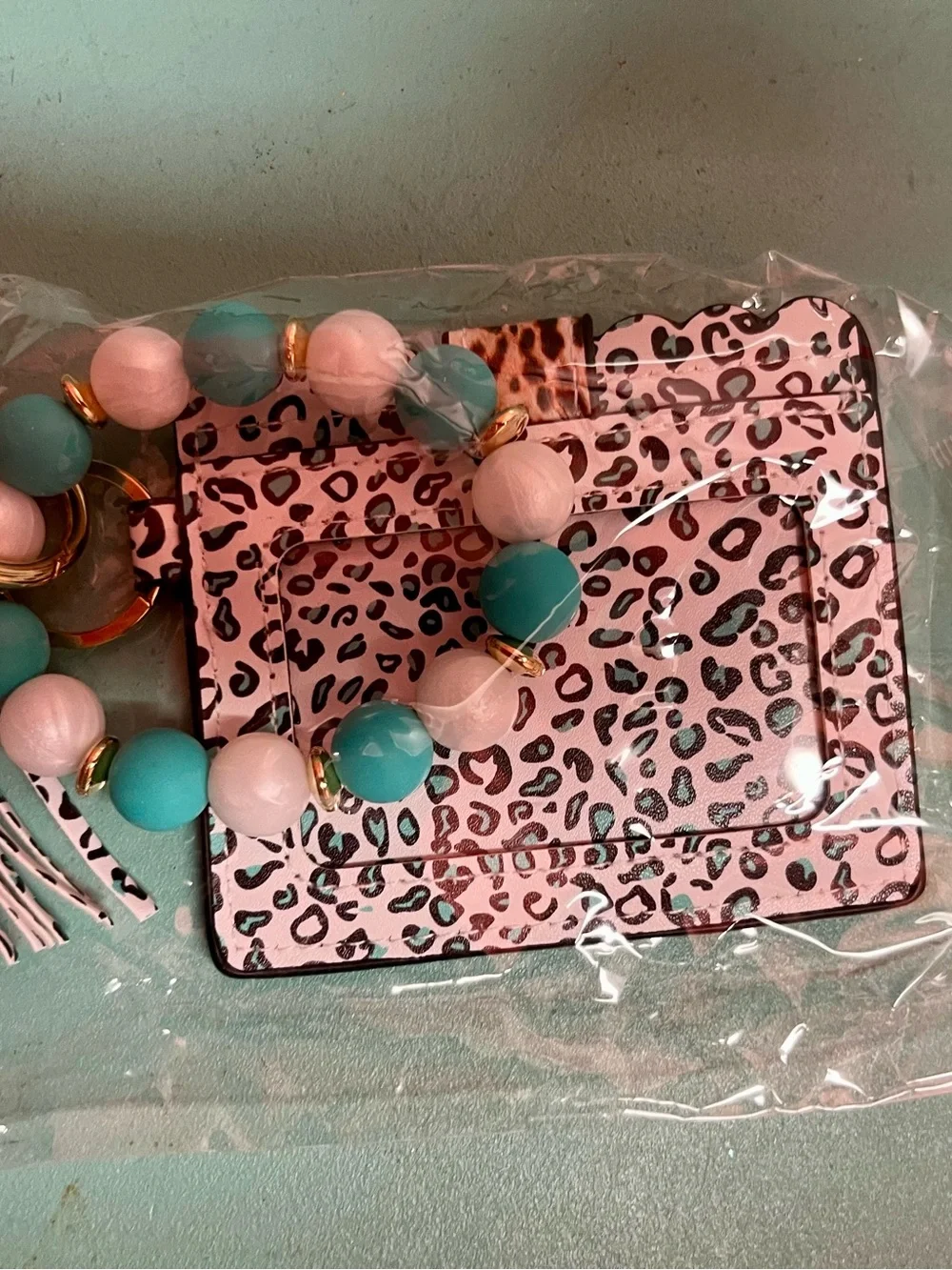 Turquoise Patchwork Animal Print Card Holder with Tassel Keyring